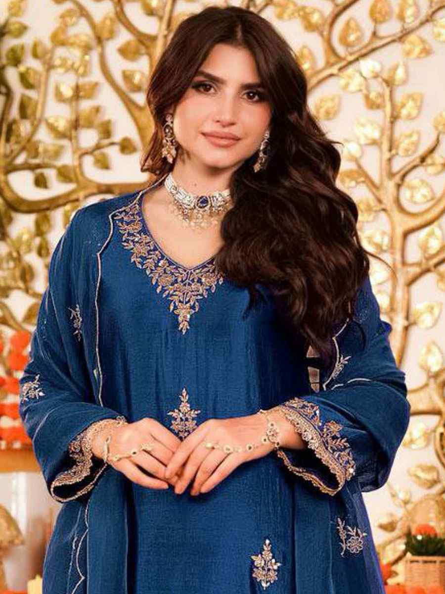 Blue Vichitra Silk Embroidery Party Wedding Festival Casual Ready Pant Salwar Kameez