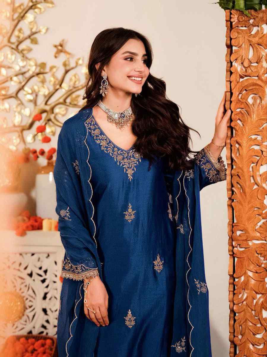 Blue Vichitra Silk Embroidery Party Wedding Festival Casual Ready Pant Salwar Kameez