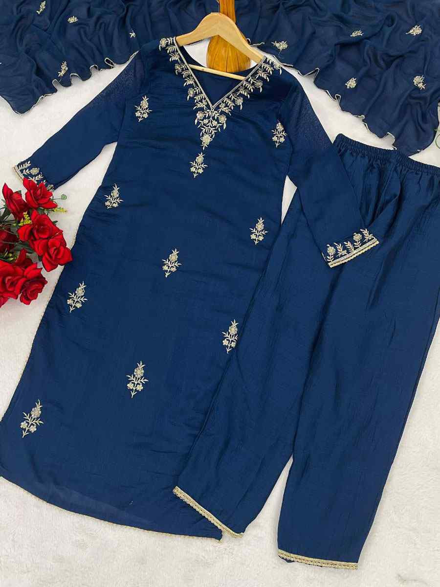 Blue Vichitra Silk Embroidery Party Wedding Festival Casual Ready Pant Salwar Kameez