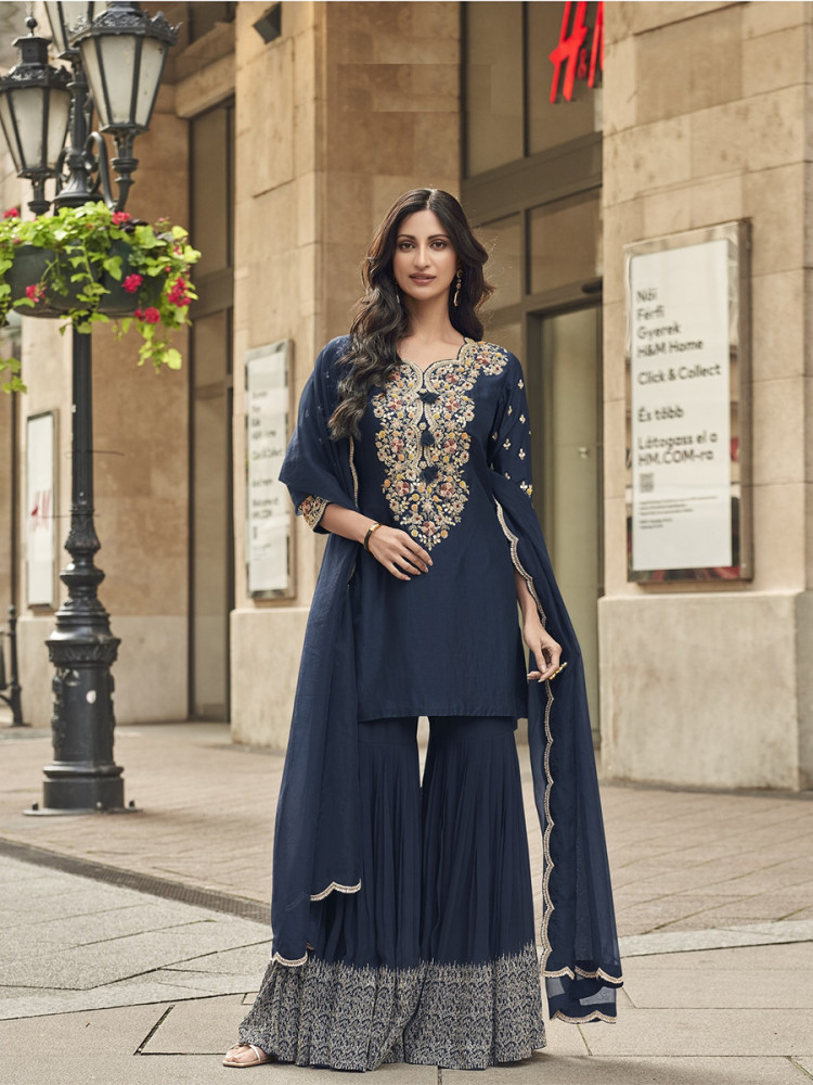 Image of Blue Vichitra Silk Embroidery Sequins Wedding Party Festival Casual Ready Sharara Pant Salwar Kameez