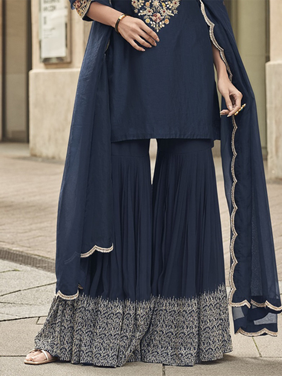Blue Vichitra Silk Embroidery Sequins Wedding Party Festival Casual Ready Sharara Pant Salwar Kameez