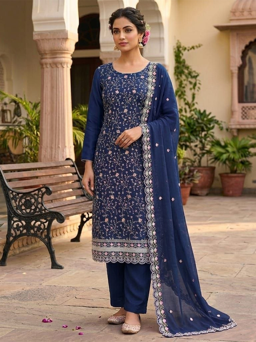 Blue Vichitra Silk Embroidery Wedding Party Festival Casual Pant Salwar Kameez