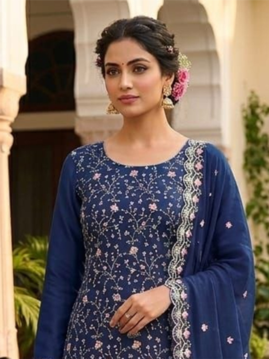 Blue Vichitra Silk Embroidery Wedding Party Festival Casual Pant Salwar Kameez