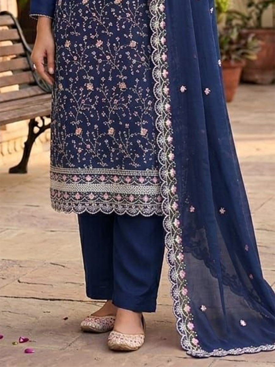 Blue Vichitra Silk Embroidery Wedding Party Festival Casual Pant Salwar Kameez