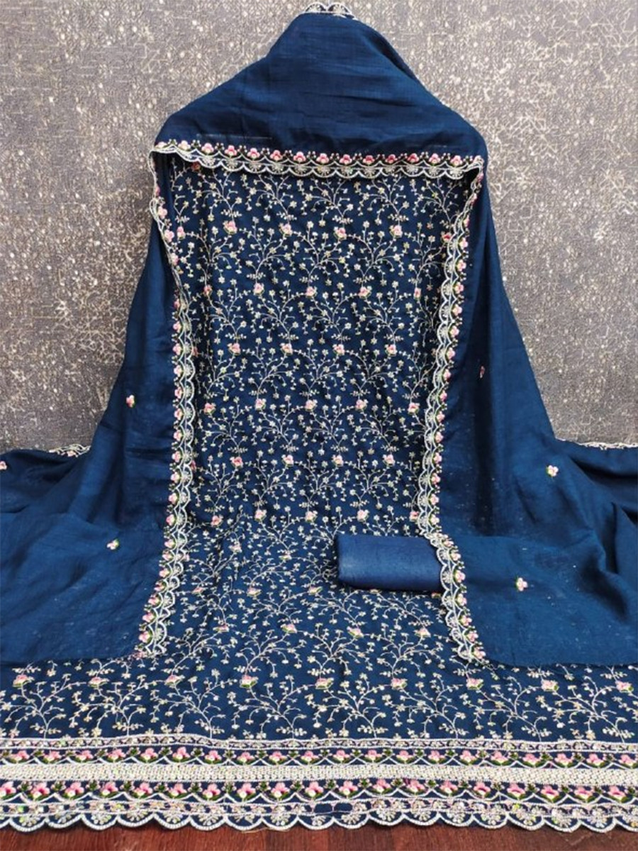 Blue Vichitra Silk Embroidery Wedding Party Festival Casual Pant Salwar Kameez
