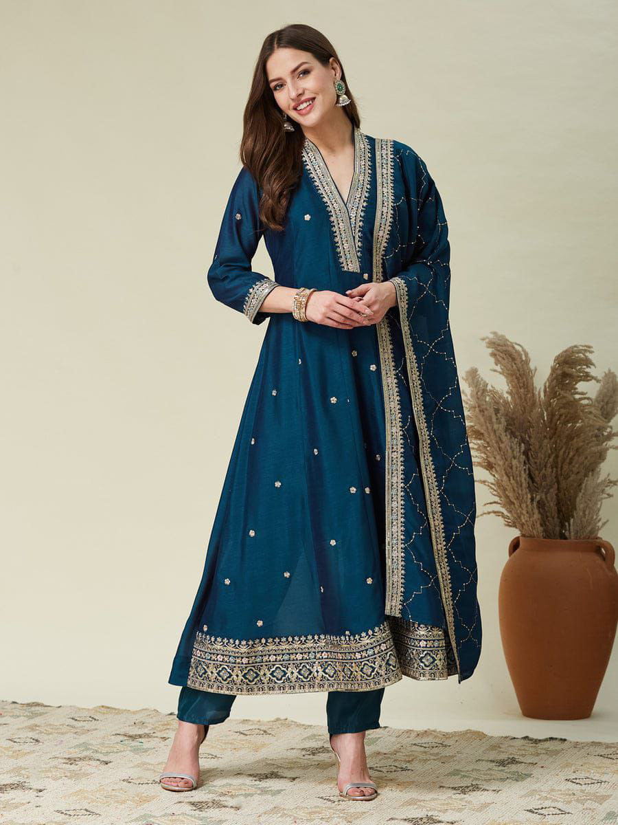 Blue Vichitra Silk Embroidery Wedding Party Festival Casual Ready Pant Salwar Kameez