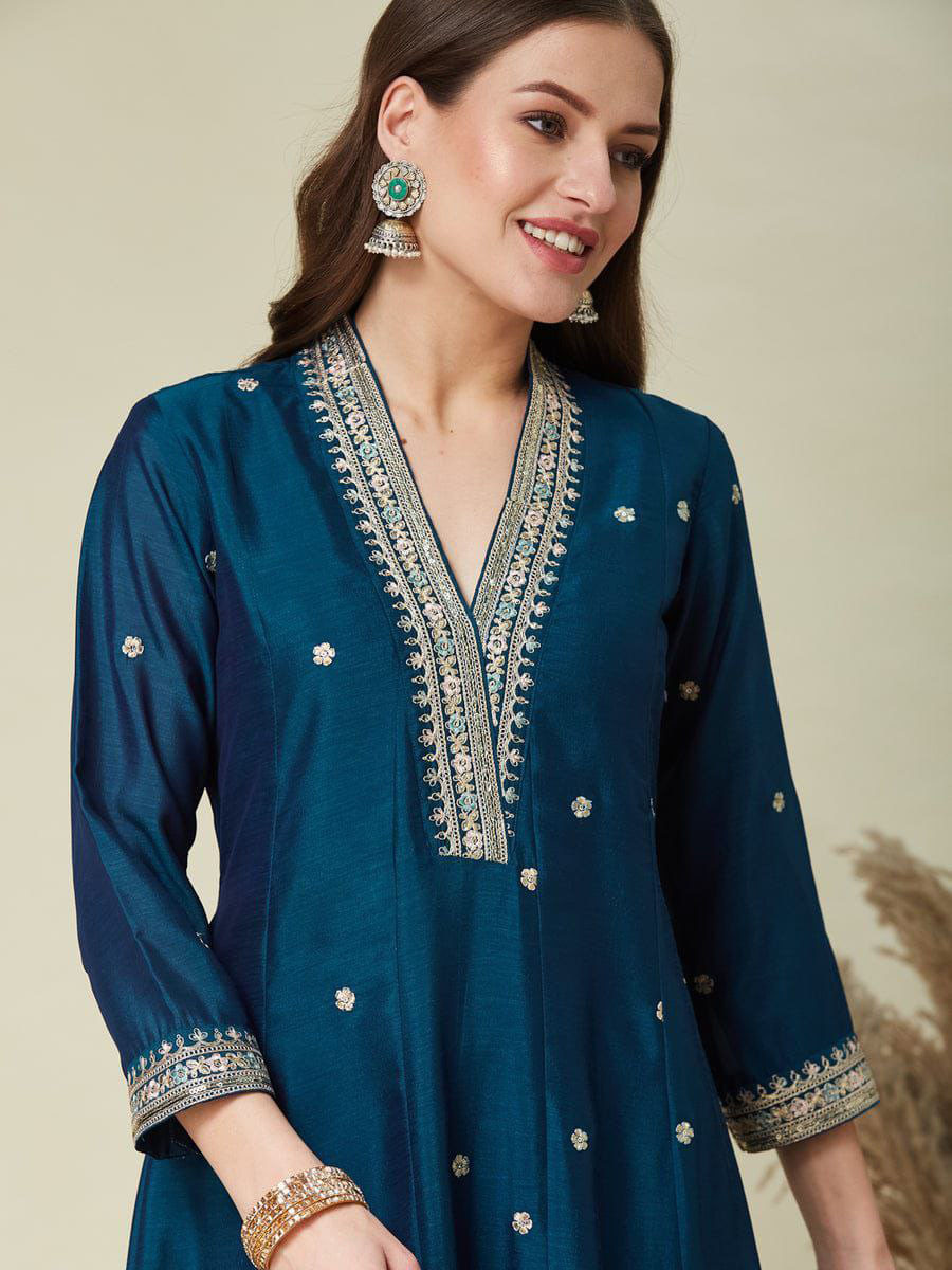 Blue Vichitra Silk Embroidery Wedding Party Festival Casual Ready Pant Salwar Kameez