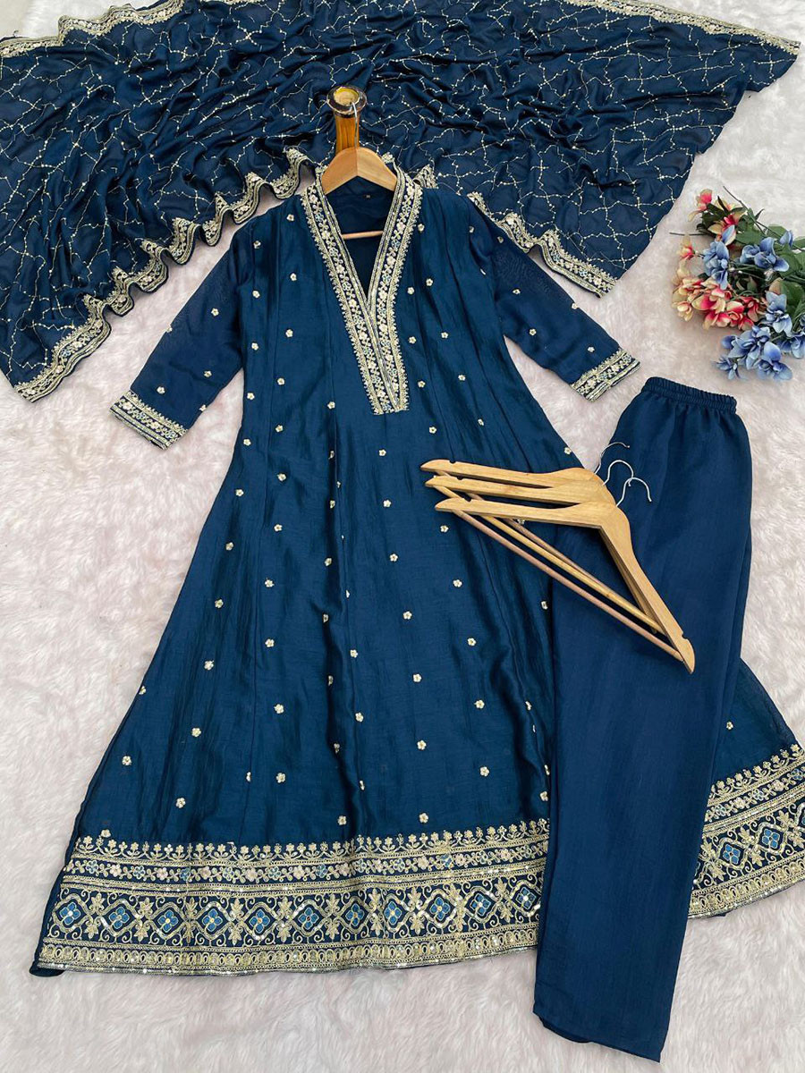 Blue Vichitra Silk Embroidery Wedding Party Festival Casual Ready Pant Salwar Kameez