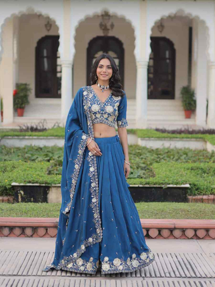Image of Blue Vichitra Silk Embroidery Wedding Reception Festival Heavy Border Lehenga Choli
