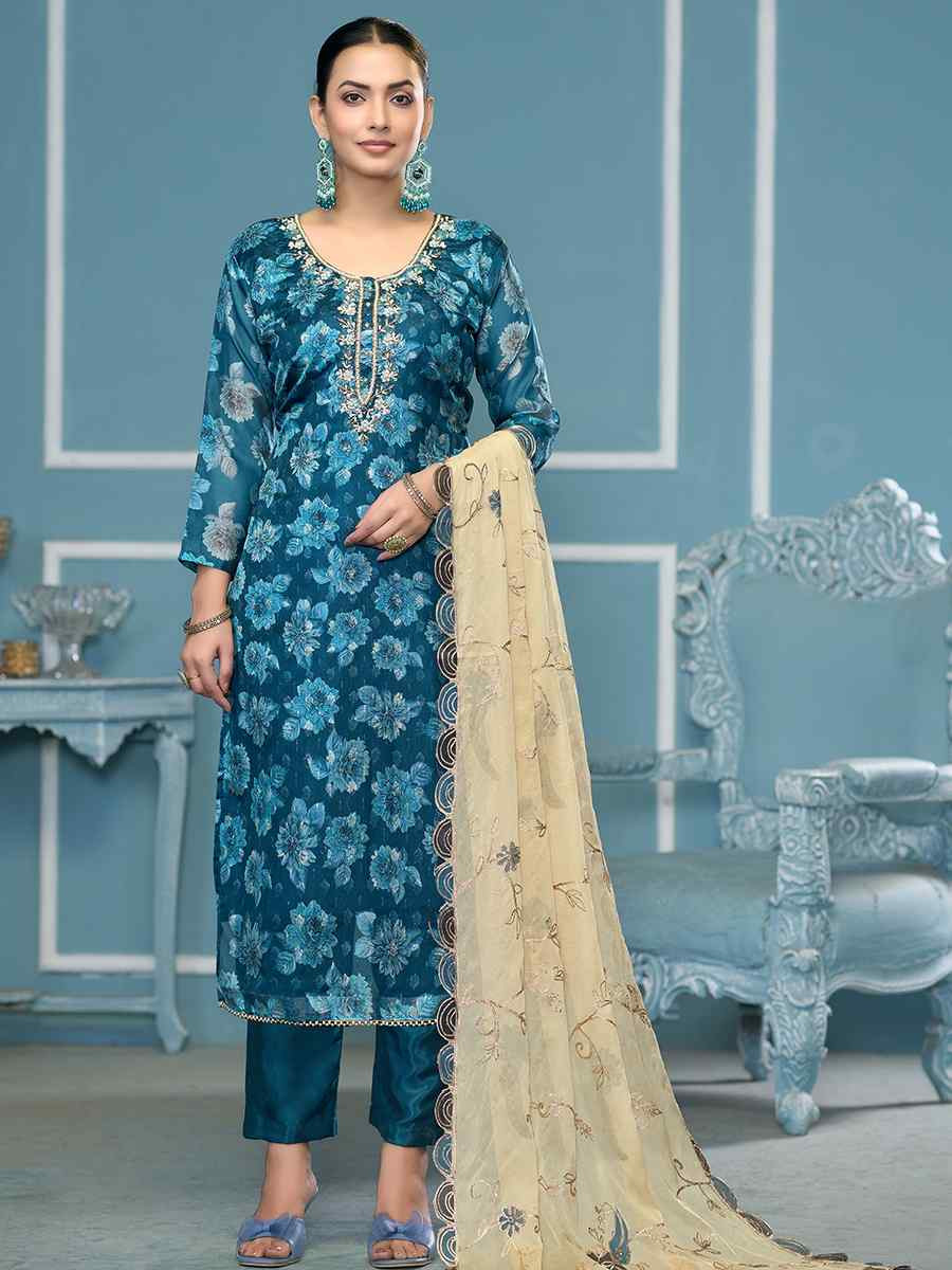Blue Viscose Banarasi Embroidered Wedding Festival Pant Salwar Kameez