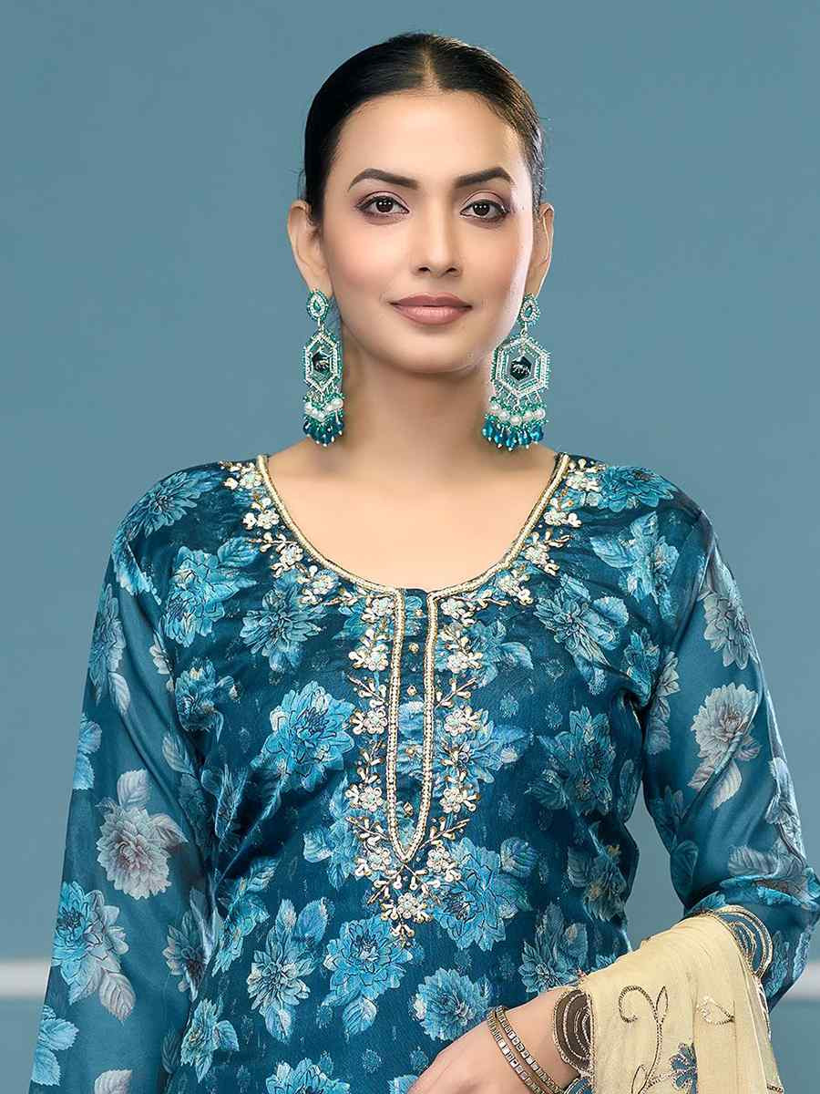 Blue Viscose Banarasi Embroidered Wedding Festival Pant Salwar Kameez