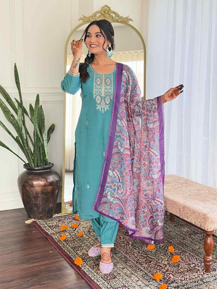 Blue Viscose Chanderi Embroidered Festival Casual Ready Pant Salwar Kameez