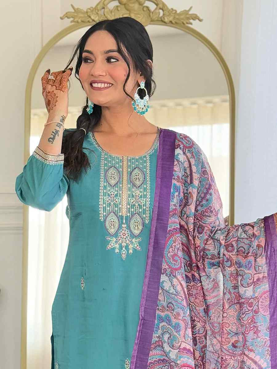 Blue Viscose Chanderi Embroidered Festival Casual Ready Pant Salwar Kameez