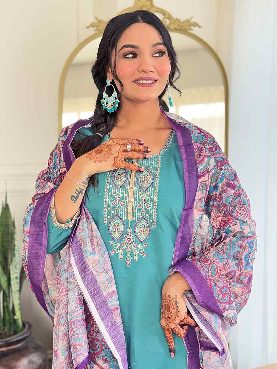 Blue Viscose Chanderi Embroidered Festival Casual Ready Pant Salwar Kameez
