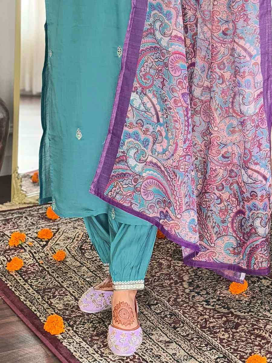 Blue Viscose Chanderi Embroidered Festival Casual Ready Pant Salwar Kameez