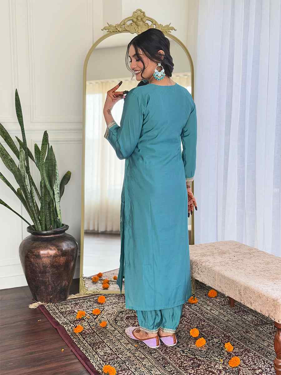 Blue Viscose Chanderi Embroidered Festival Casual Ready Pant Salwar Kameez