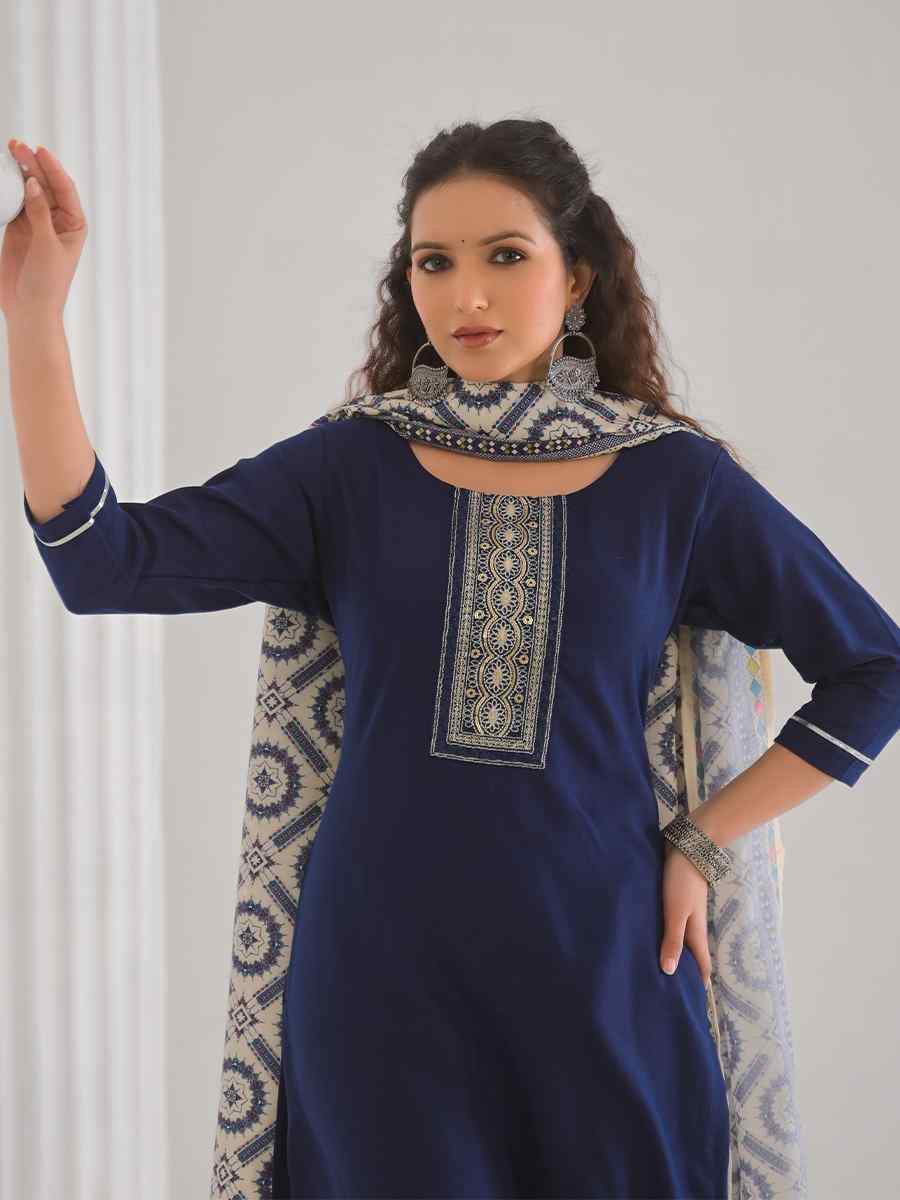 Blue Viscose Chanderi Embroidered Festival Casual Ready Pant Salwar Kameez