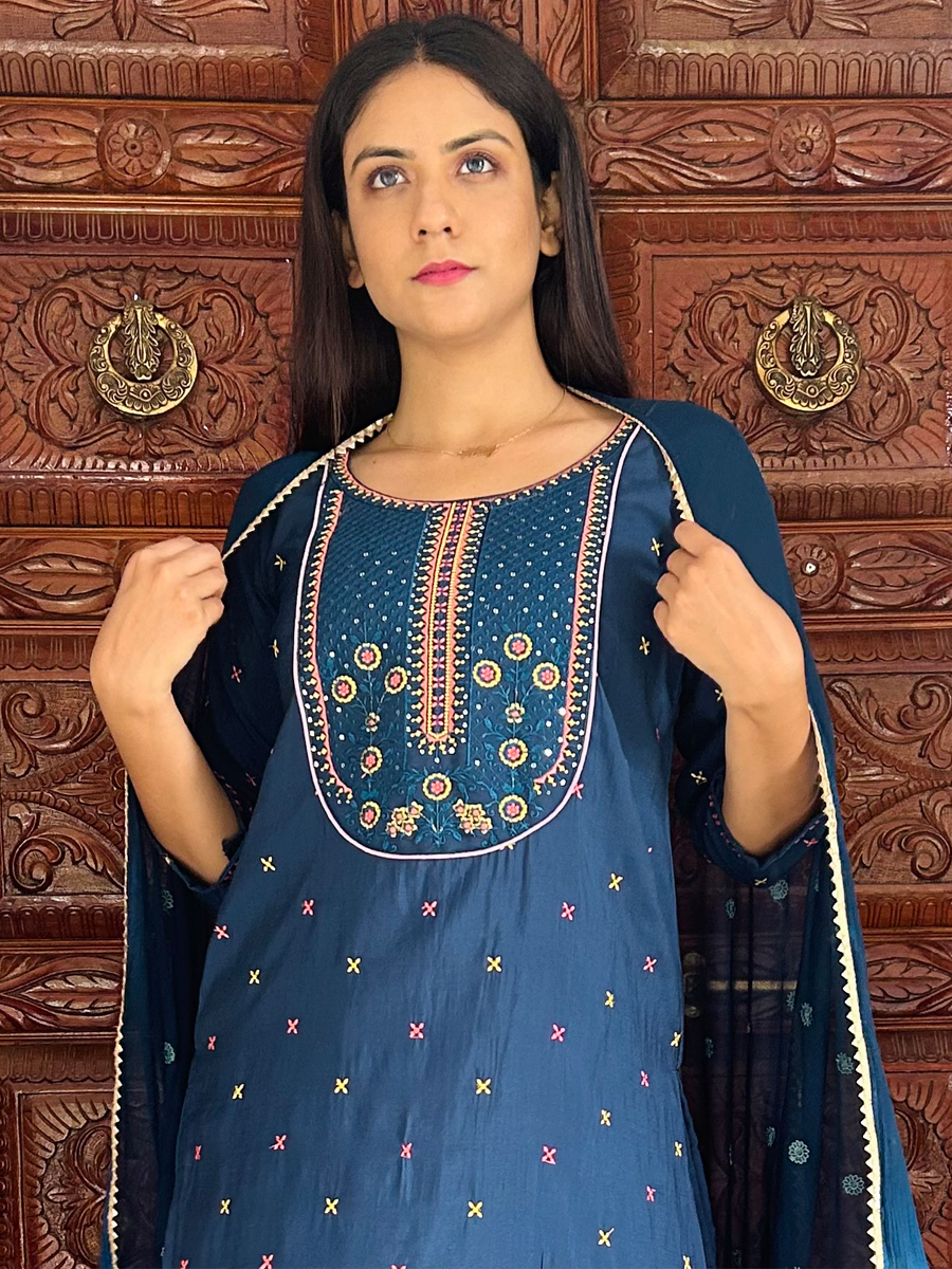 Blue Viscose Embroidered Festival Casual Ready Pant Salwar Kameez