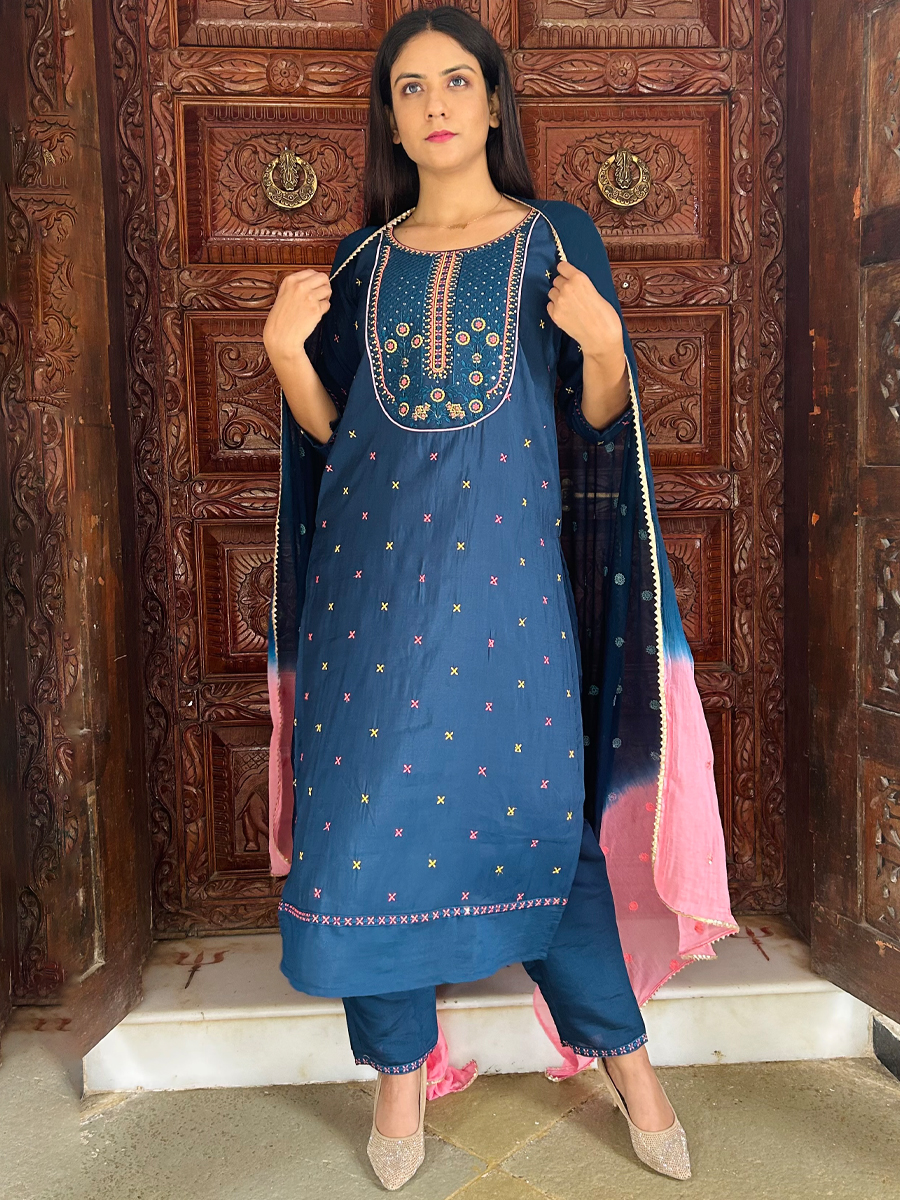 Blue Viscose Embroidered Festival Casual Ready Pant Salwar Kameez