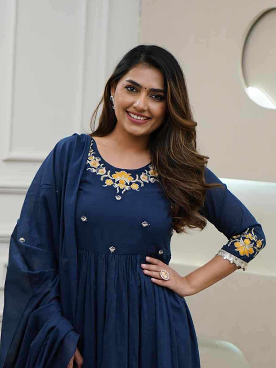 Blue Viscose Embroidered Party Wedding Ready Pant Salwar Kameez