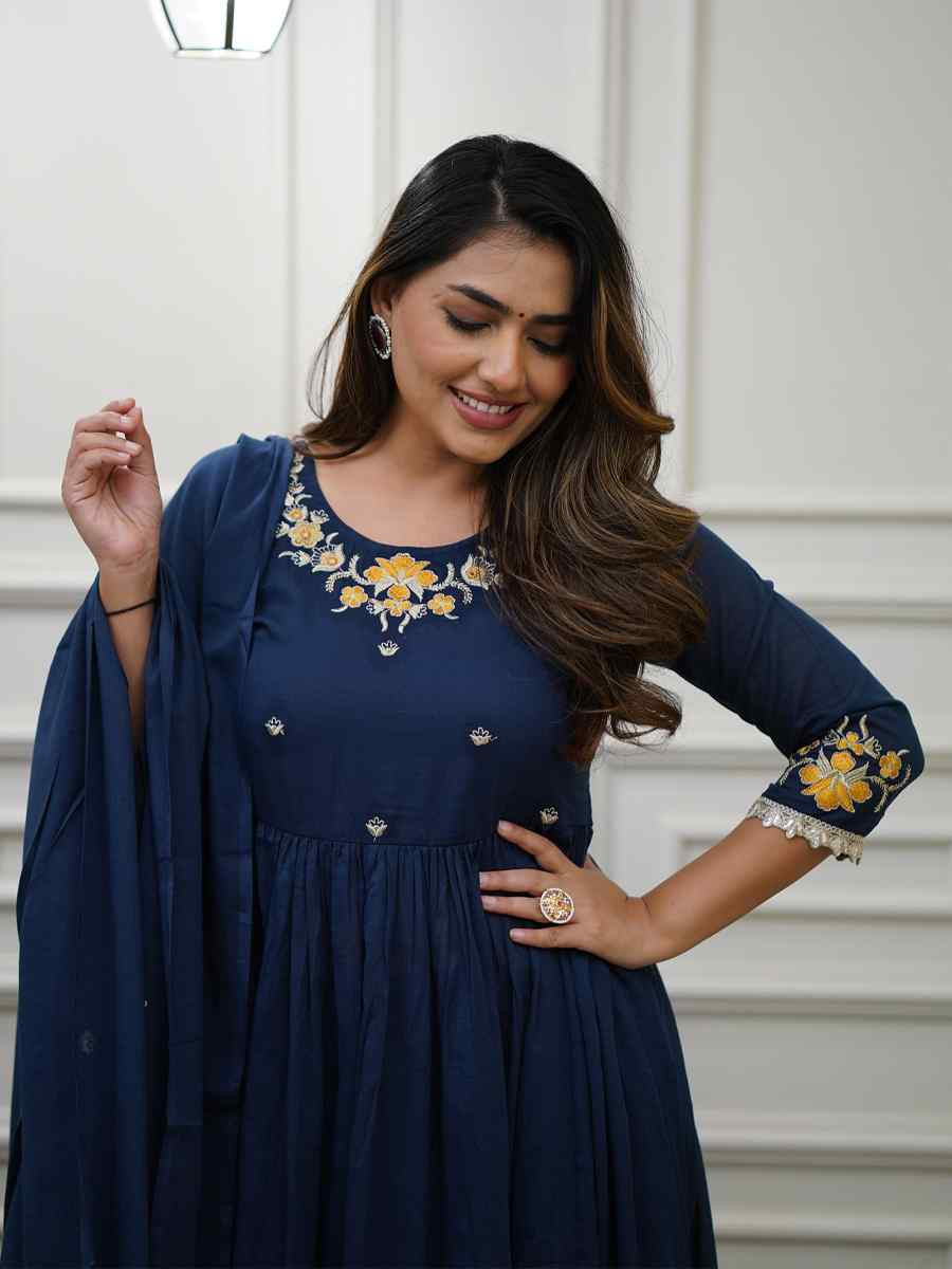 Blue Viscose Embroidered Party Wedding Ready Pant Salwar Kameez