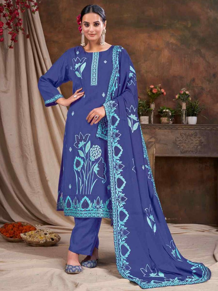 Blue Viscose Jacquard Embroidered Festival Casual Ready Pant Salwar Kameez
