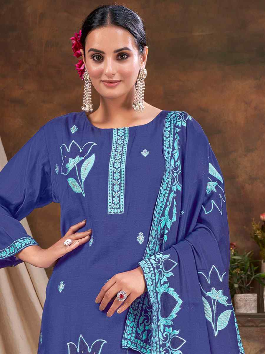 Blue Viscose Jacquard Embroidered Festival Casual Ready Pant Salwar Kameez