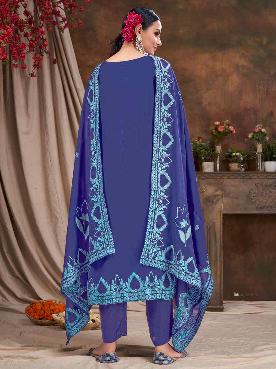 Blue Viscose Jacquard Embroidered Festival Casual Ready Pant Salwar Kameez