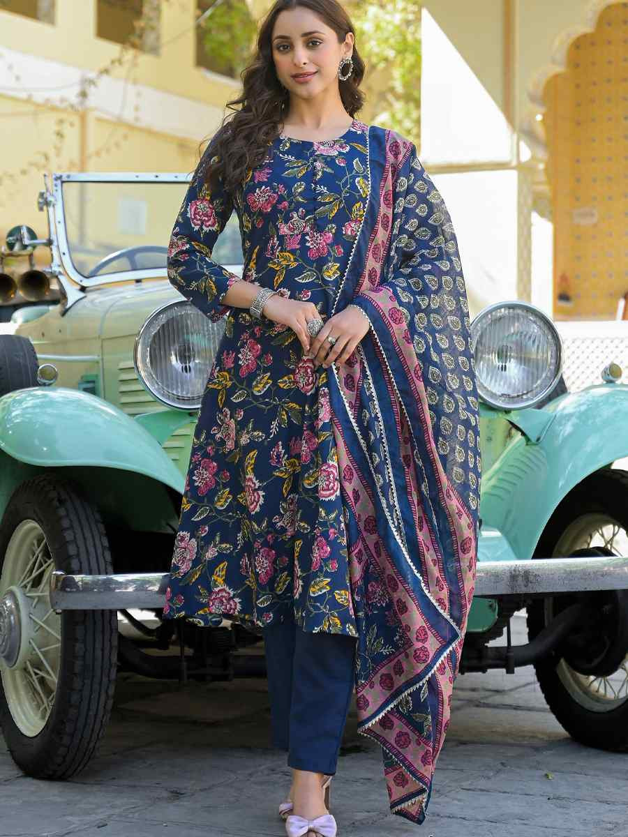 Blue Viscose Printed Festival Casual Ready Pant Salwar Kameez