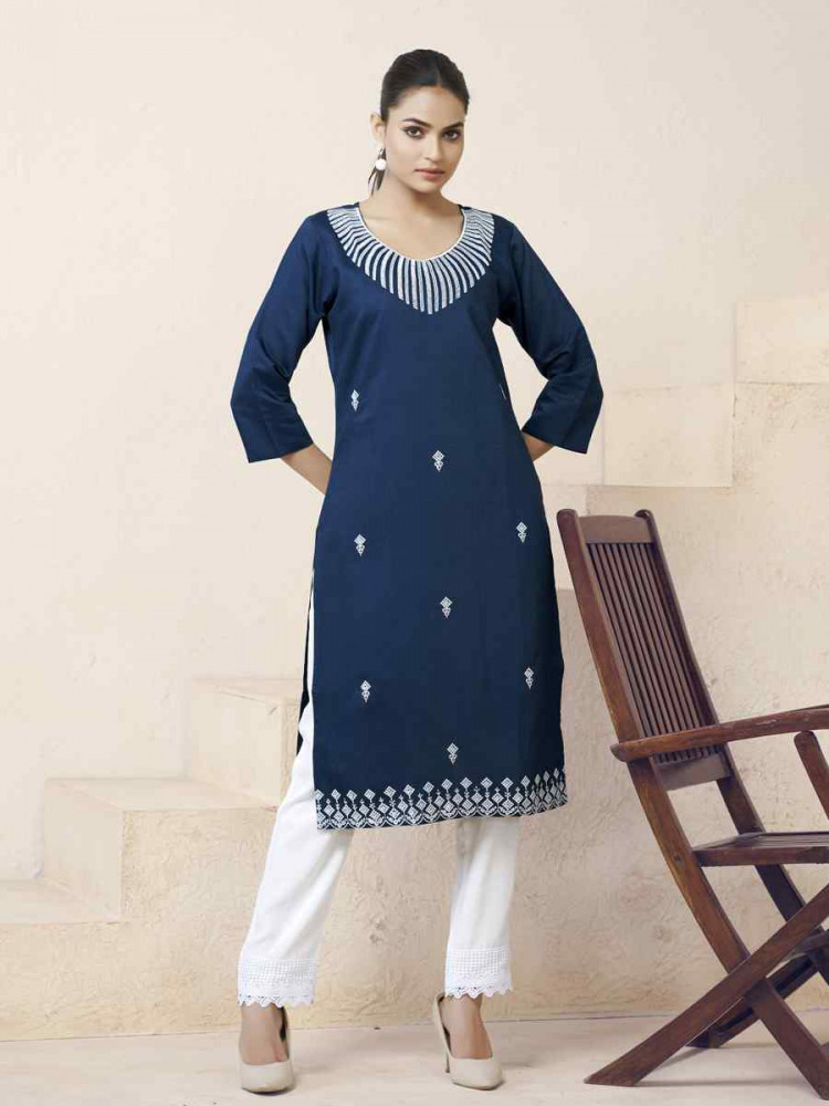 Blue Viscose Rayon Embroidered Festival Casual Kurti
