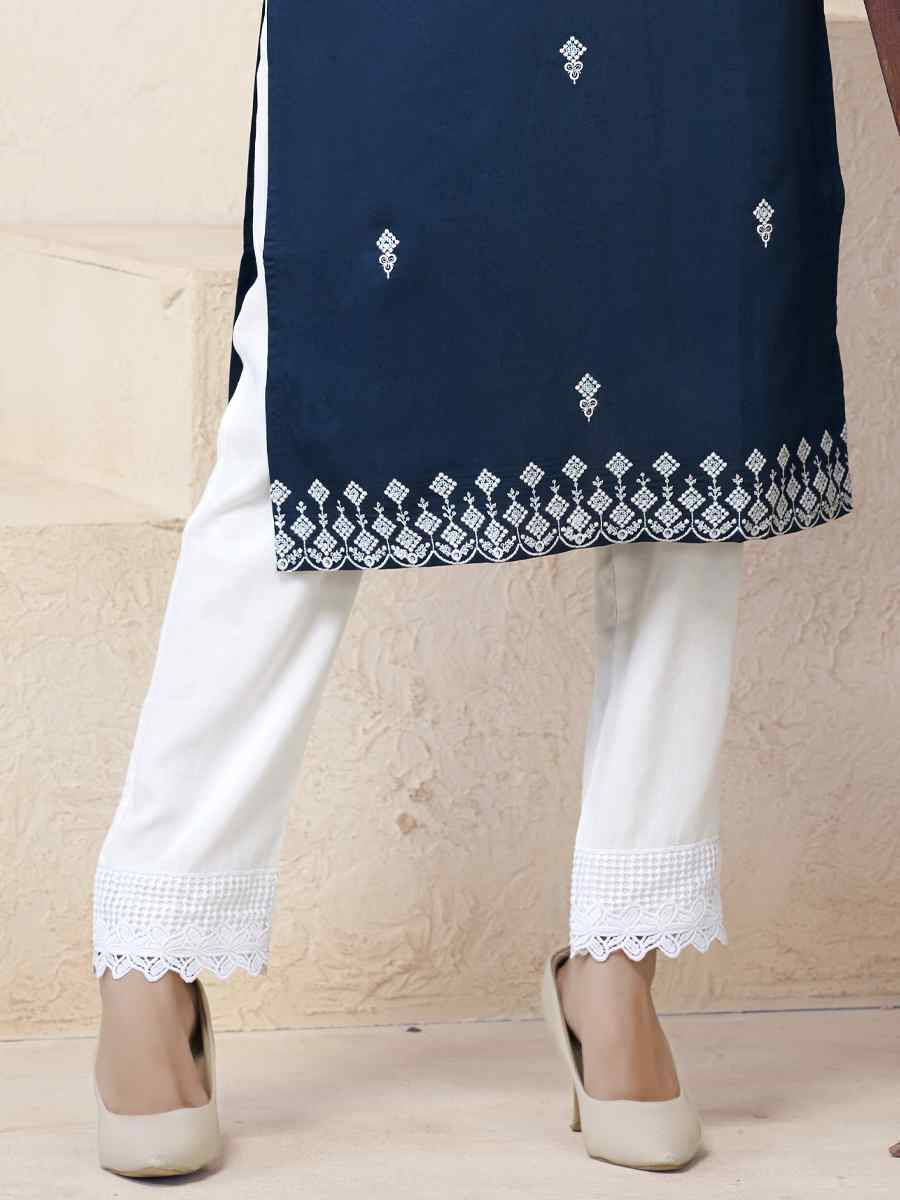 Blue Viscose Rayon Embroidered Festival Casual Kurti