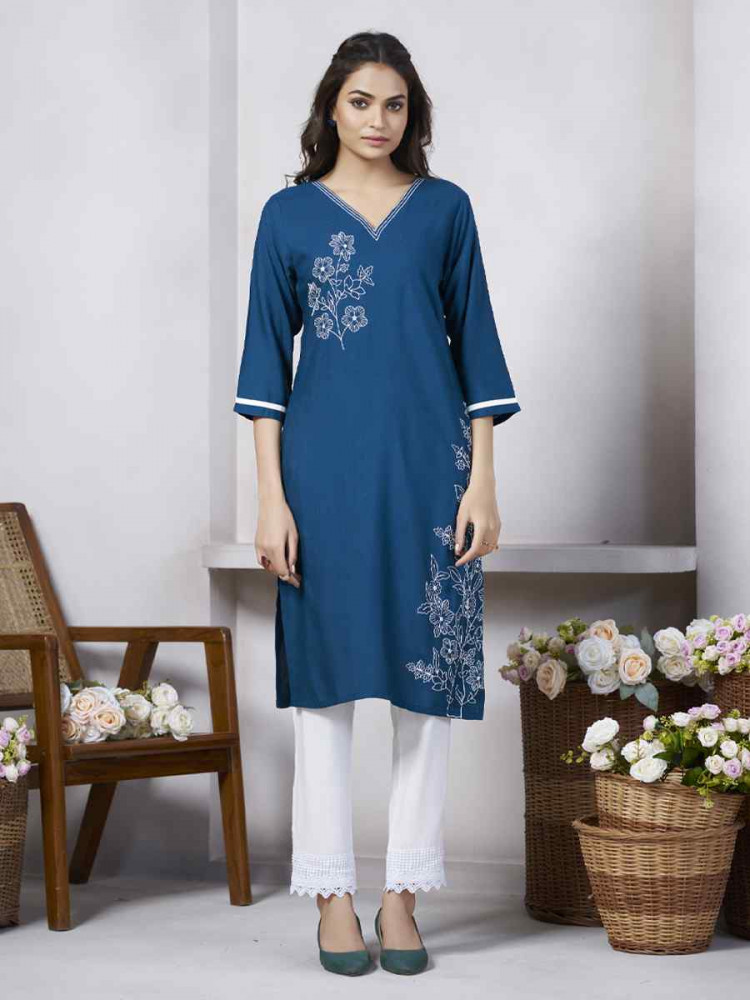 Blue Viscose Rayon Embroidered Festival Casual Kurti