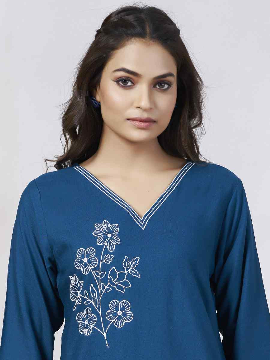 Blue Viscose Rayon Embroidered Festival Casual Kurti