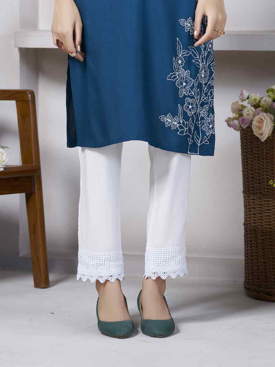 Blue Viscose Rayon Embroidered Festival Casual Kurti