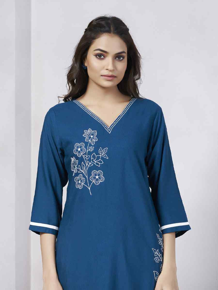 Blue Viscose Rayon Embroidered Festival Casual Kurti
