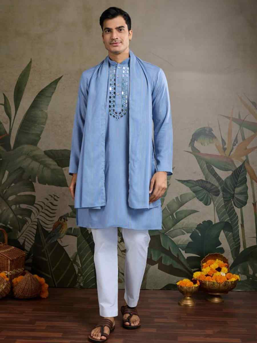 Blue Viscose Rayon Embroidered Party Wedding Kurta With Dupatta