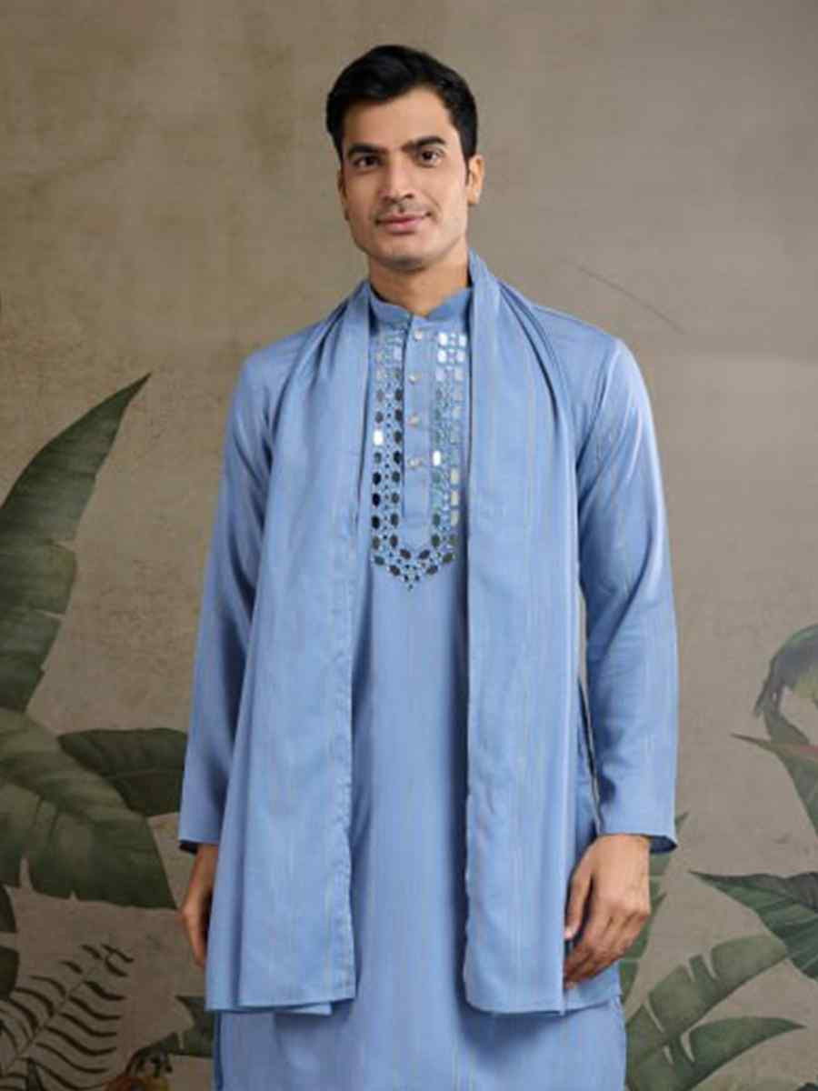 Blue Viscose Rayon Embroidered Party Wedding Kurta With Dupatta