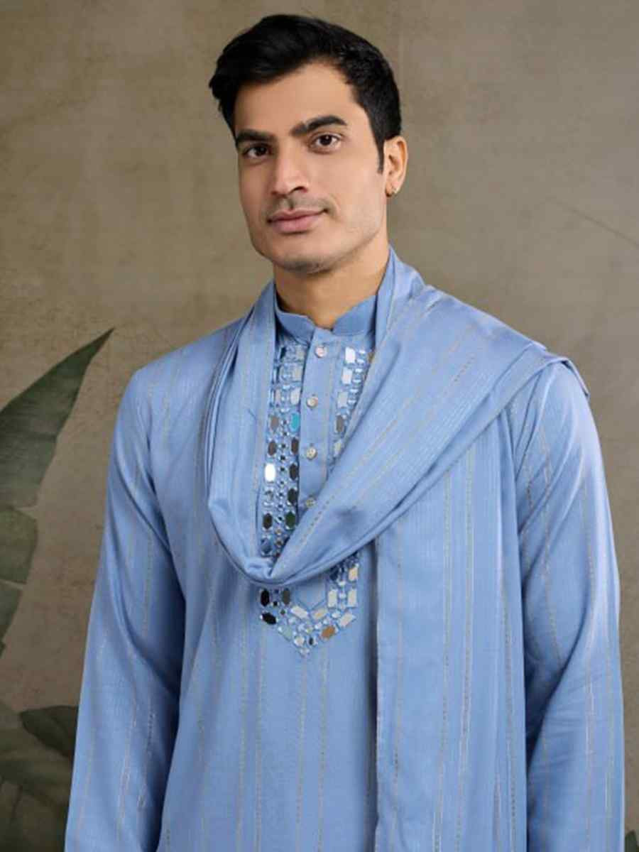 Blue Viscose Rayon Embroidered Party Wedding Kurta With Dupatta