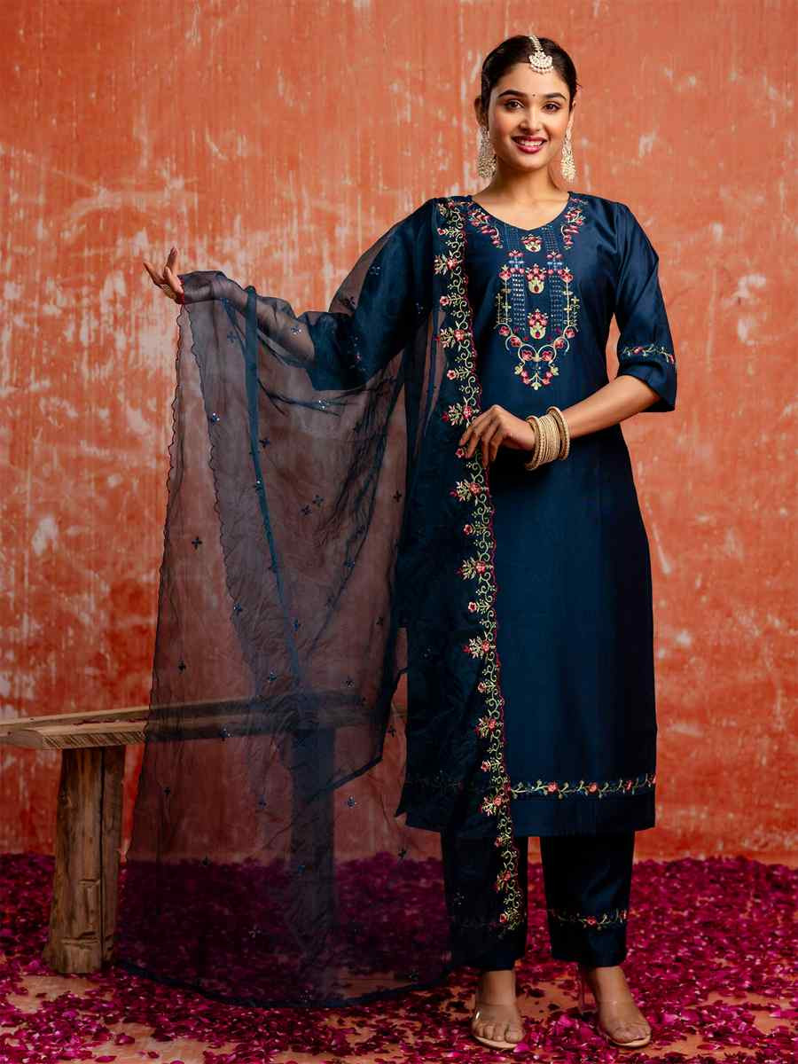 Blue Viscose Rayon Embroidered Party Wedding Ready Pant Salwar Kameez