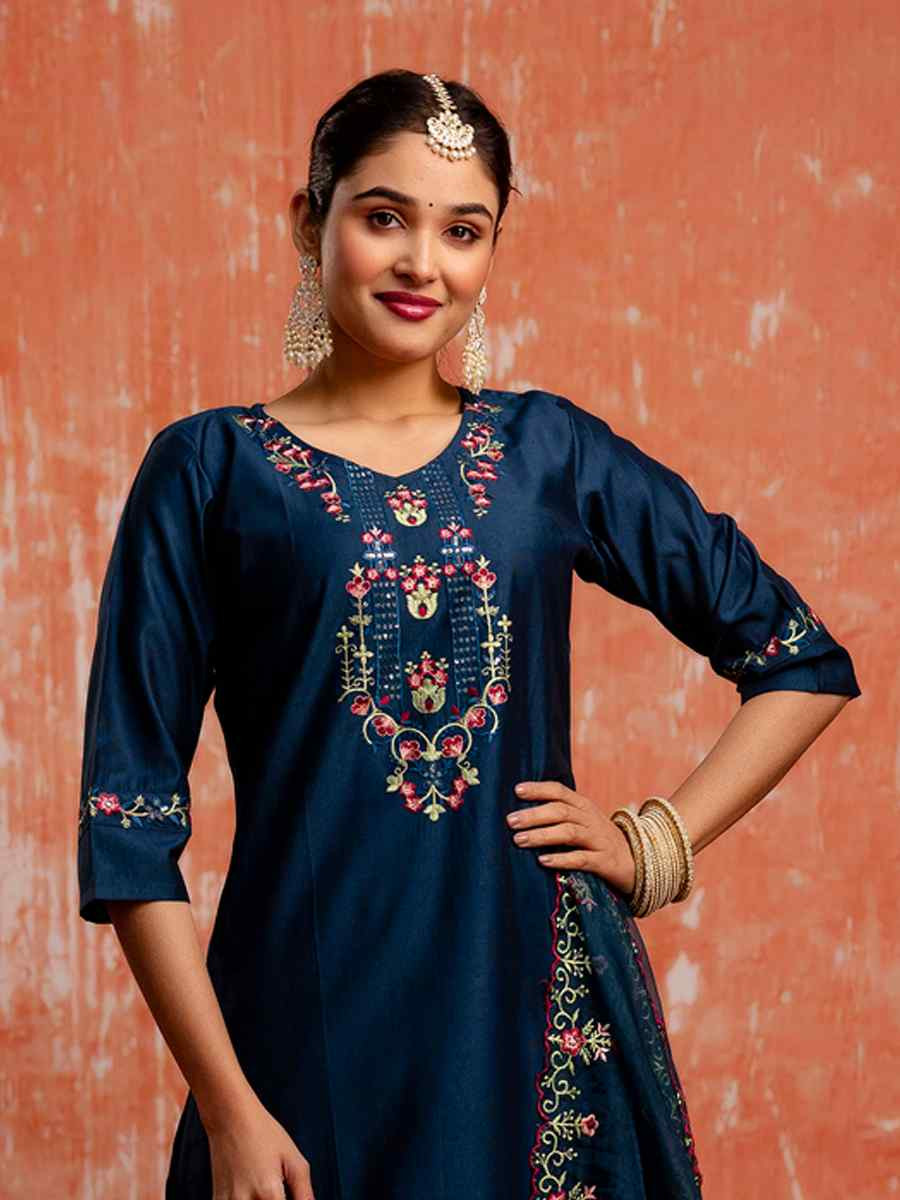 Blue Viscose Rayon Embroidered Party Wedding Ready Pant Salwar Kameez