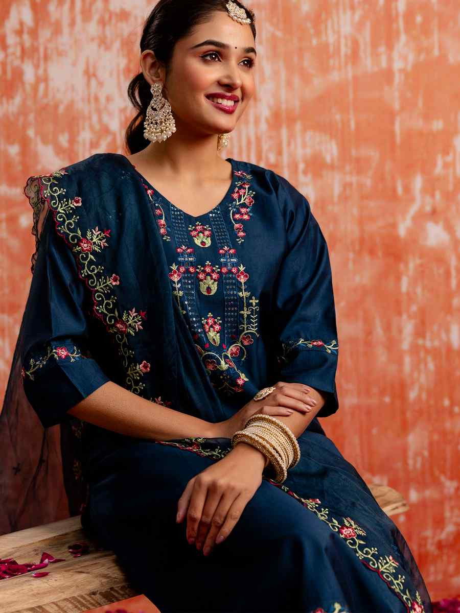 Blue Viscose Rayon Embroidered Party Wedding Ready Pant Salwar Kameez