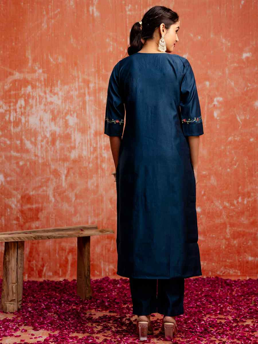 Blue Viscose Rayon Embroidered Party Wedding Ready Pant Salwar Kameez