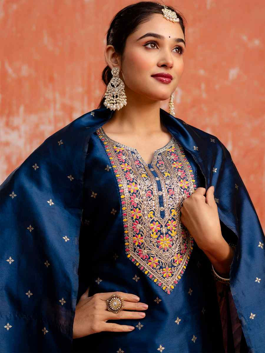 Blue Viscose Rayon Embroidered Party Wedding Ready Pant Salwar Kameez