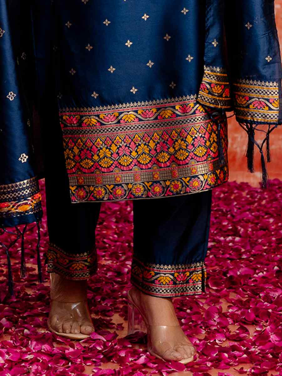 Blue Viscose Rayon Embroidered Party Wedding Ready Pant Salwar Kameez
