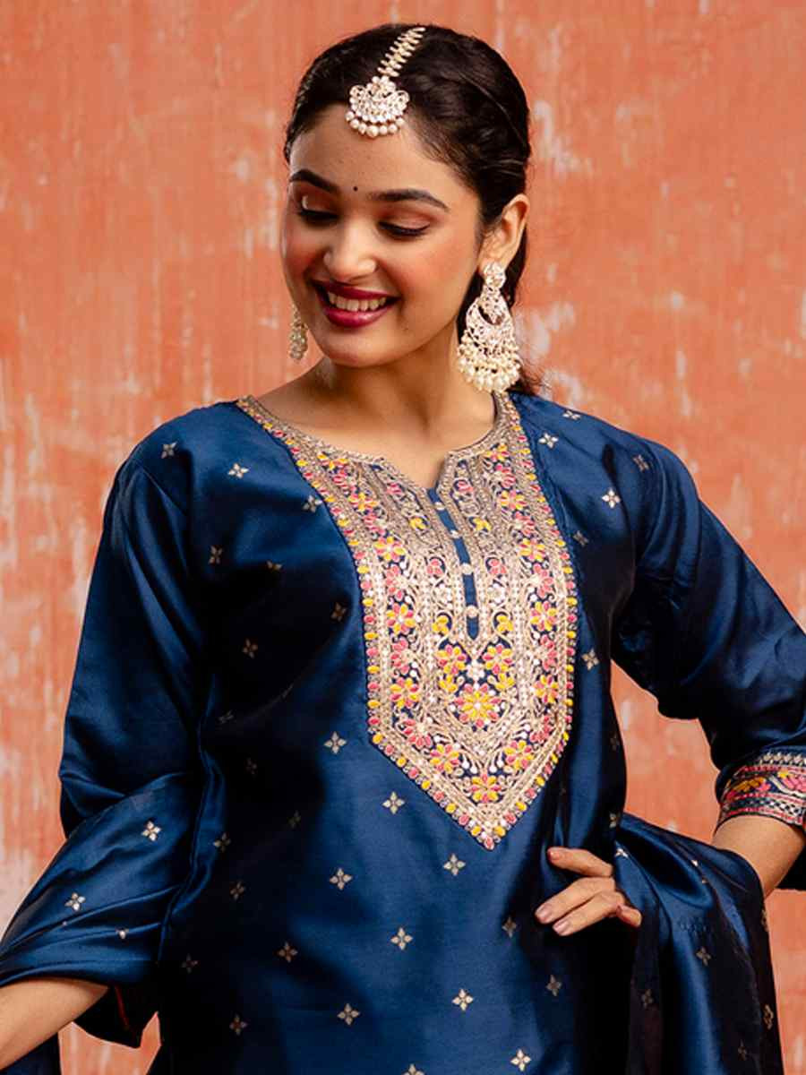 Blue Viscose Rayon Embroidered Party Wedding Ready Pant Salwar Kameez