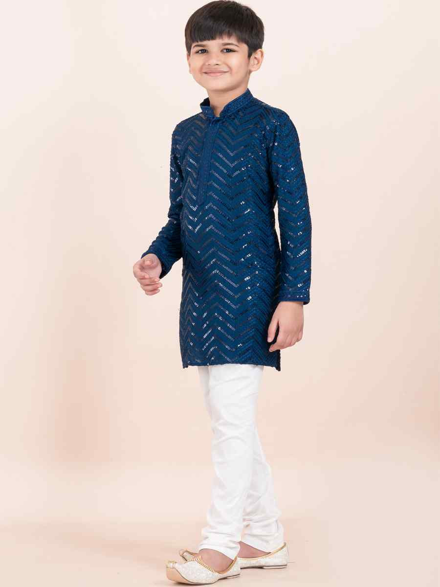 Blue Viscose RayonEmbroidered Festival Traditional Kurta Pyjama Boys Wear