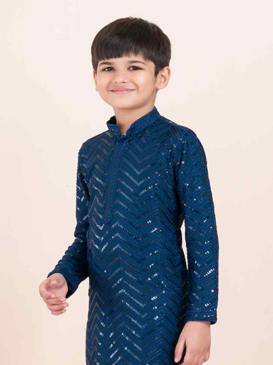 Blue Viscose RayonEmbroidered Festival Traditional Kurta Pyjama Boys Wear