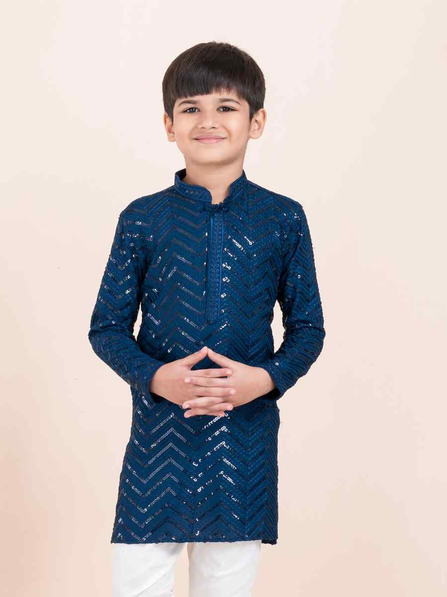 Blue Viscose RayonEmbroidered Festival Traditional Kurta Pyjama Boys Wear
