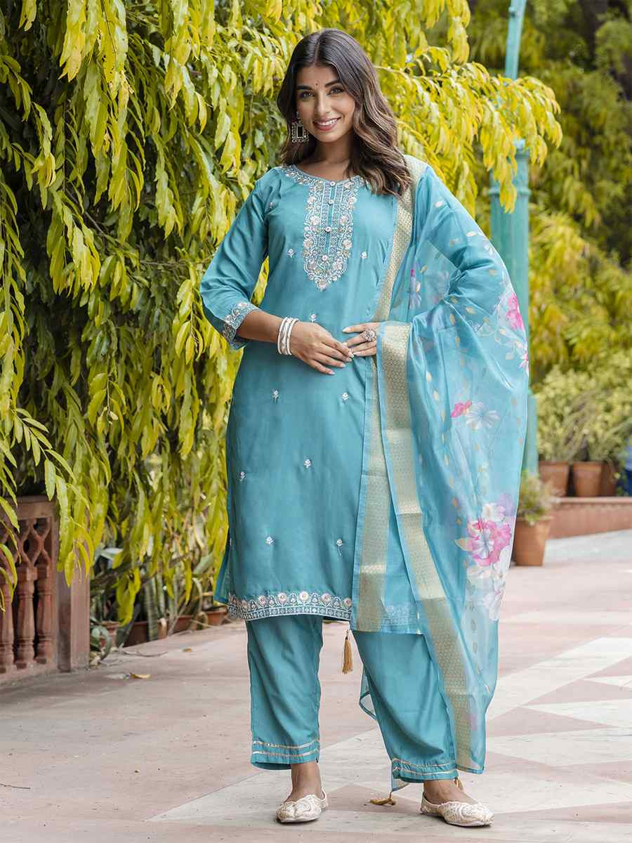 Blue Viscose Roman Silk Embroidery Party Wedding Festival Casual Ready Pant Salwar Kameez