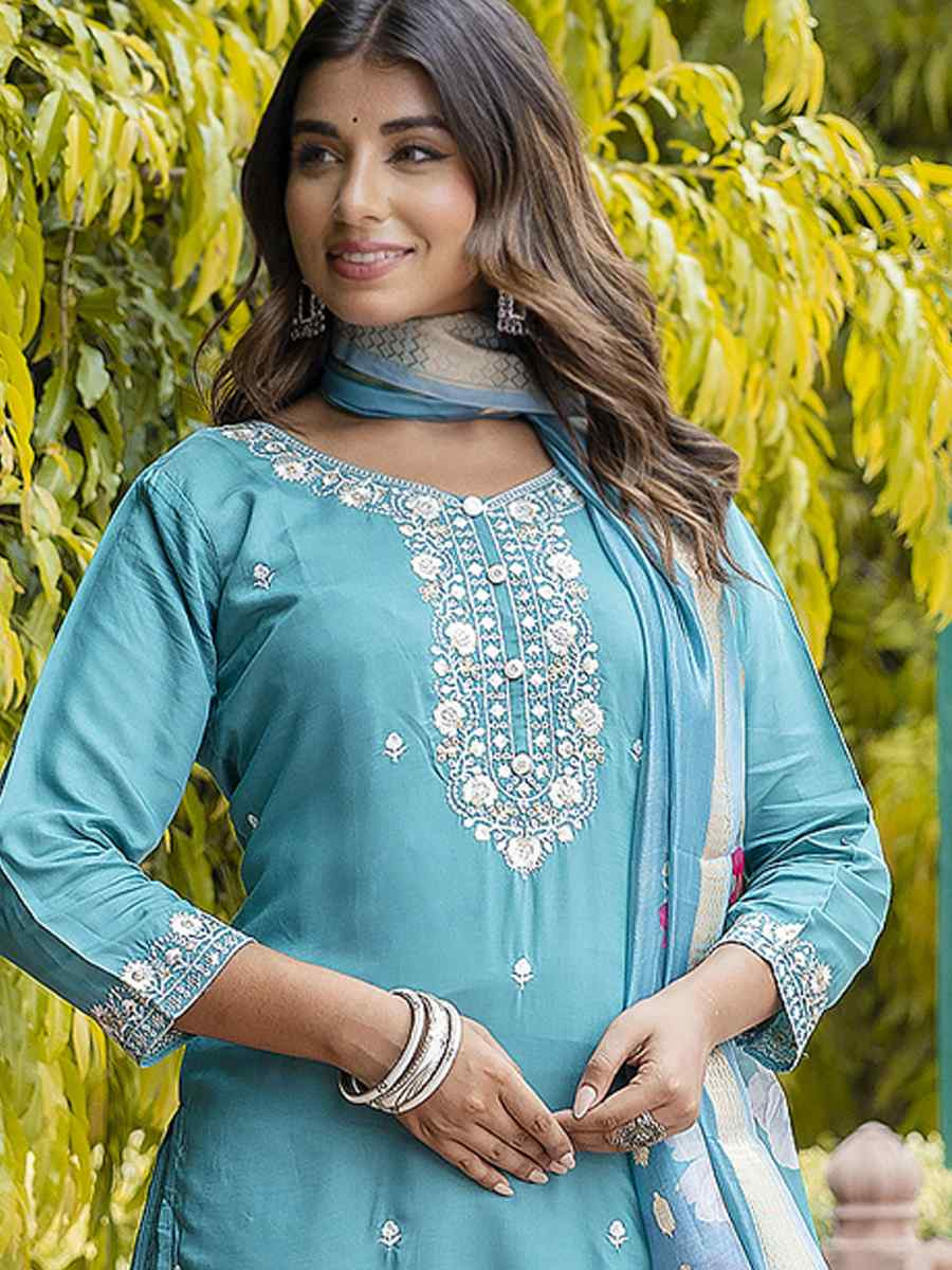 Blue Viscose Roman Silk Embroidery Party Wedding Festival Casual Ready Pant Salwar Kameez